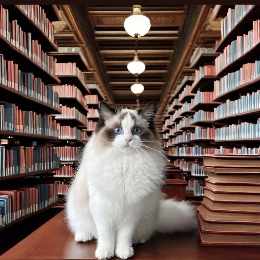 Ragdoll Cat Breeder in the library judging us.