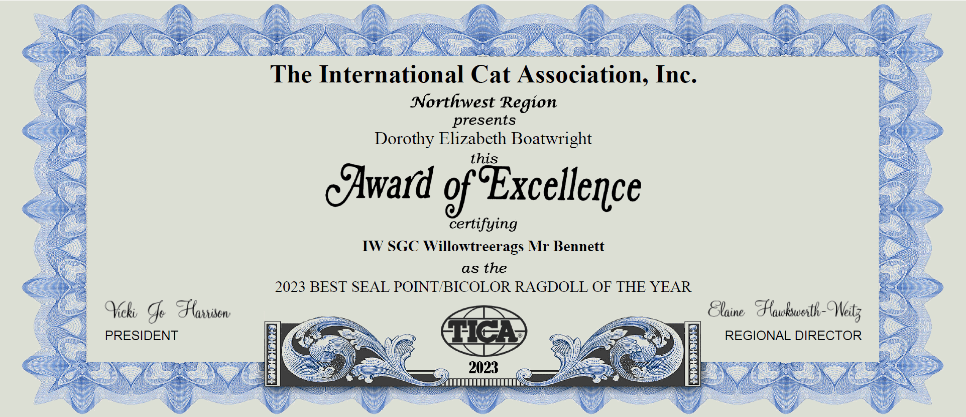 AWARD OF EXCELLENCE WILLOWTREERAGS MR BENNETT 2023 BEST SEAL POINT BICOLOR RAGDOLL OF THE YEAR