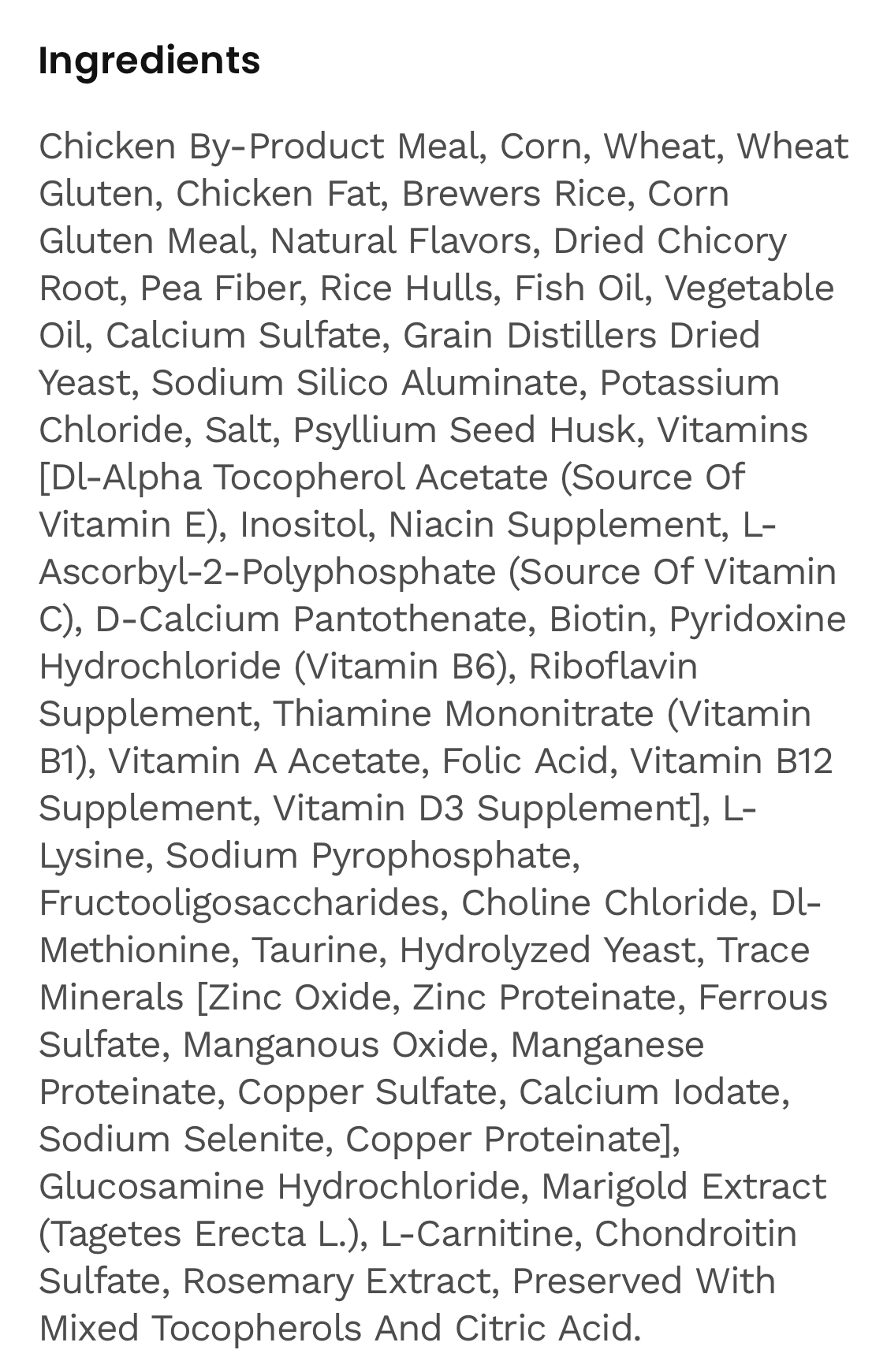 Dry Cat Food Ingredient List for example